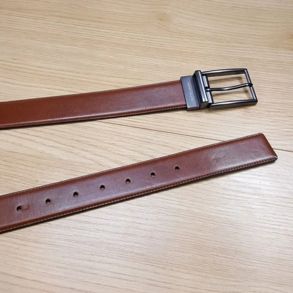PERRY ELLIS Mens Belt Size 30 32 Brown Black Bonded Leather Reversible